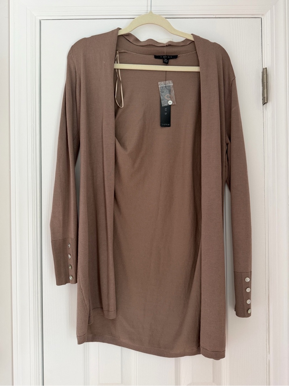 Cyrus Open-Front Long Cardigan in Taupe Brown NWT
